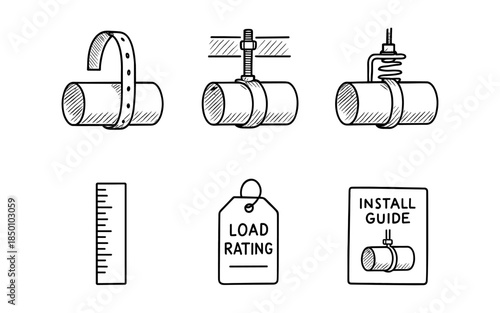 Hand drawn pipe clamp installation guide with load rating and measurement tools