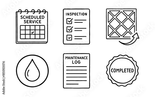 Hand drawn maintenance icons: checklist, scheduled service, filter, maintenance log