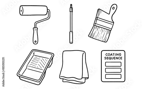 Monochrome painting tools set: roller, brush, tray, handle, cloth, coating guide