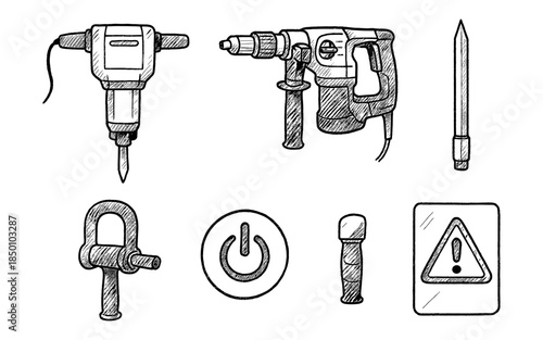 Hand-drawn sketch of construction tools and safety signs collection