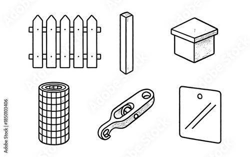 Hand-drawn construction elements: fence, post, brick, wire, beam, panel