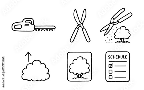 Hand drawn garden tools and pruning icons set for landscaping design