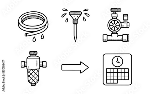 Hand drawn gardening tools and water system icons set