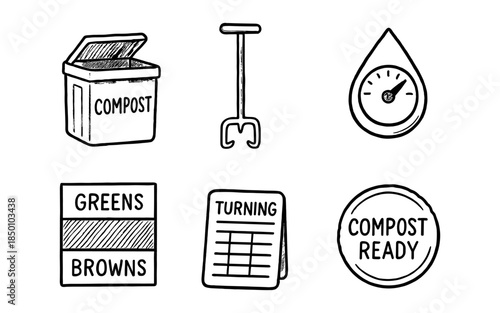Hand-drawn composting tools and signs icons set for eco-friendly waste management