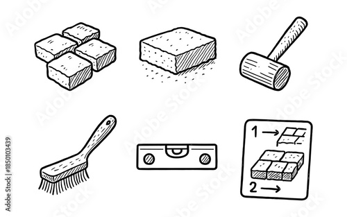 Hand drawn paving tools and materials illustration set for construction design