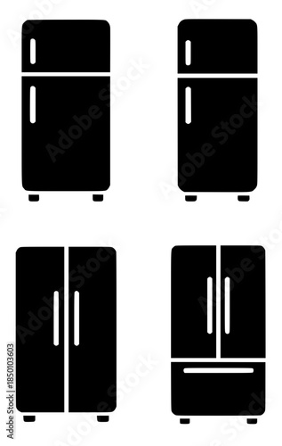 Kitchen equipment icons, 4 refrigerator illustrations, black, transparent background