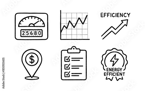 Hand-drawn efficiency and energy saving icons set for business and finance