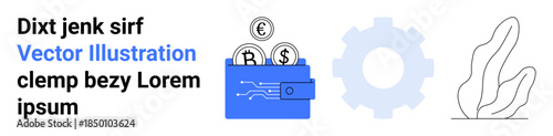 Financial apps, fintech, savings, cryptocurrency, digital transactions, software development. Wallet with coins, gear and a plant. Financial apps and fintech concept