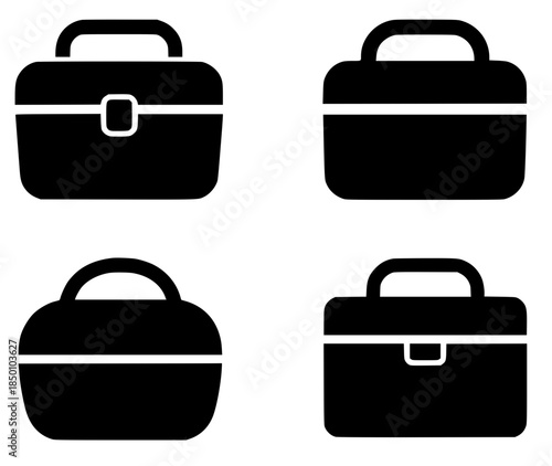 Kitchen equipment icons, 4 lunch box illustrations, black, transparent background