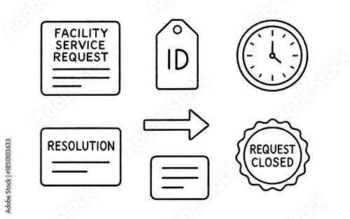 Facility service request icons set featuring labels and symbols in linear style