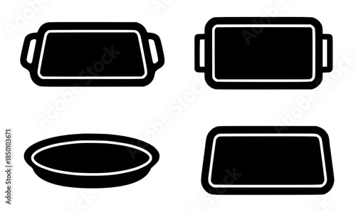 Kitchen equipment icons, 4 tray illustrations, black, transparent background