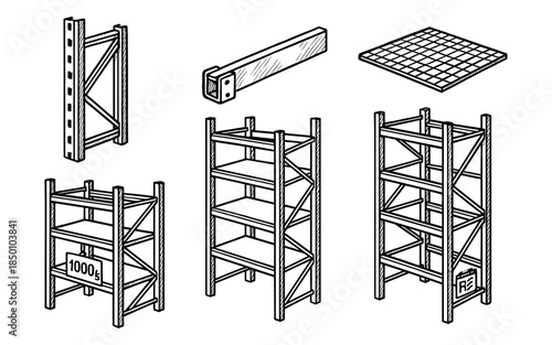 Industrial shelving components in detailed black and white sketch art design