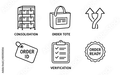 Warehouse icons with order tote, verification, and order id in linear style