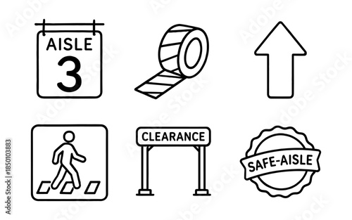Monochrome icons for shopping guidance: signs, tape, arrows, and emblems