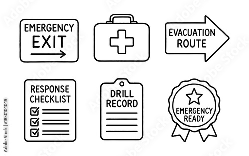 Emergency preparedness icons for safety protocols and evacuation planning