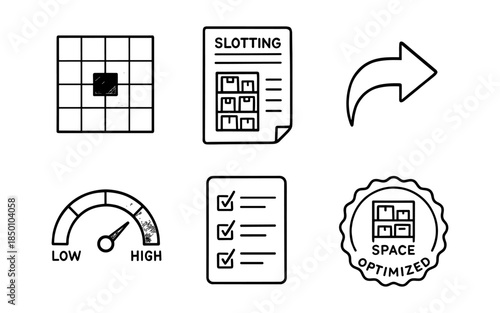 Warehouse space optimization icons: slotting, arrow, gauge, checklist