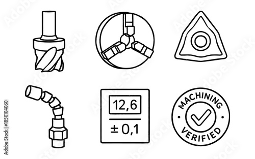 Industrial tools and machining symbols linear set for manufacturing processes