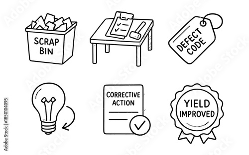 Hand drawn icons of quality control labels and items for manufacturing