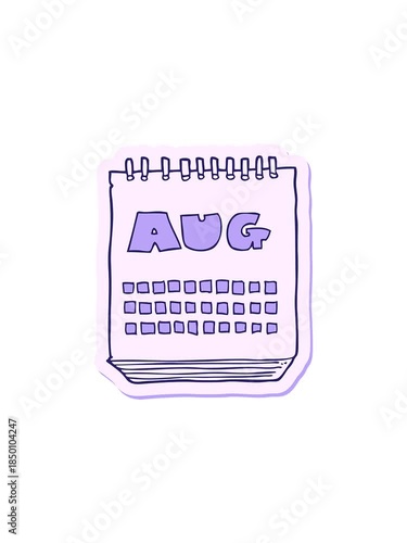 popping motion animation of sticker of a cartoon calendar showing month of august