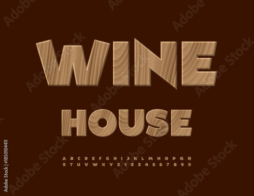 Vector Eco Wooden logotype Wine House. Elite Tree Pattern Font. Unique Stylish Alphabet Letters and Numbers set.