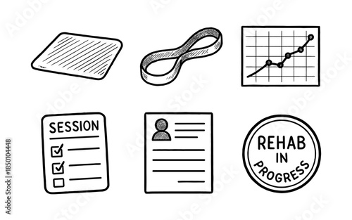 Hand-drawn fitness and rehabilitation icons with exercise equipment and progress symbols
