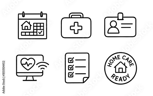 Home care icons set: calendar, medical kit, id badge, heart monitor, checklist, certification