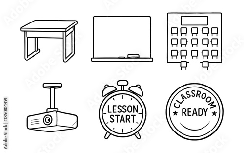 Educational tools line art icons: desk, blackboard, school building, projector, lesson start clock, classroom badge