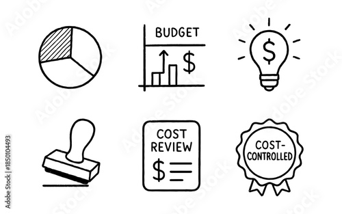 Hand-drawn financial icons: budget, cost control, and revenue growth
