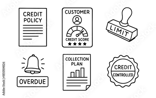 Credit management symbols featuring overdue alert and credit score gauge in outline style