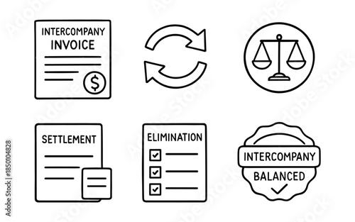 Financial document and icon set: invoice, settlement, elimination, reconciliation symbols