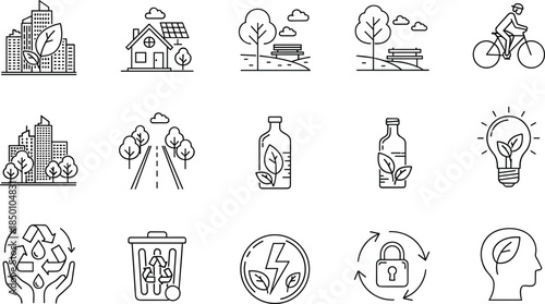 Minimal eco friendly sustainability line icons set featuring green city renewable energy recycling nature symbols for environmental lifestyle interface design