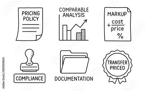 Line icon set on transfer pricing: analysis, compliance, and documentation