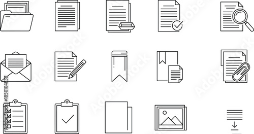Minimal document management line icons set featuring files folders checklist attachments search symbols for office workflow interface design