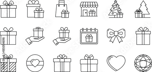 Minimal gift and holiday line icons set featuring presents shopping retail love symbols for festive e-commerce marketing interface design