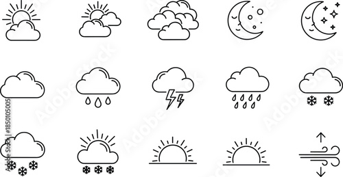 Minimal weather forecast line icons set featuring sun clouds rain snow moon wind symbols for climate mobile app interface design
