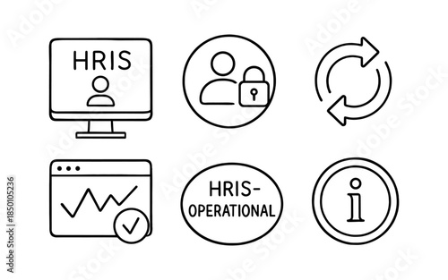 Linear icons for hris: user, security, analytics, info, update symbols
