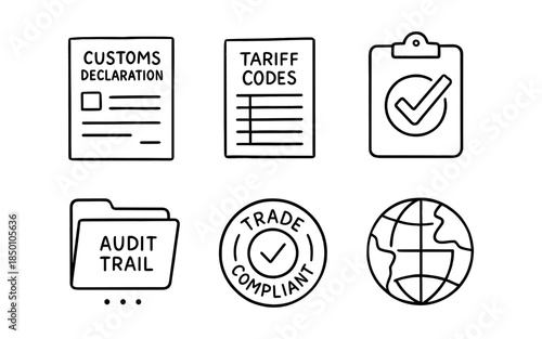 Customs and trade compliance icons: audit, tariff, and global regulations