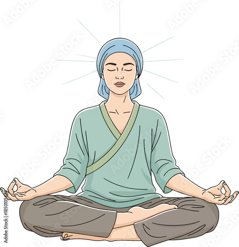 Woman meditating in lotus position with aura illustration