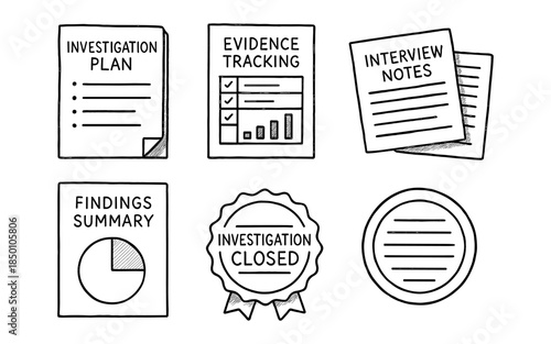 Investigation document set: hand-drawn style for evidence tracking and interview notes