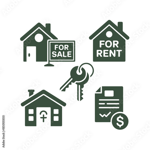 Real Estate Icon Set with For Sale, For Rent, Keys, and Mortgage Contract