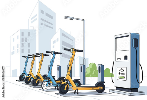 Electric scooter rental station with scooters lined up in city