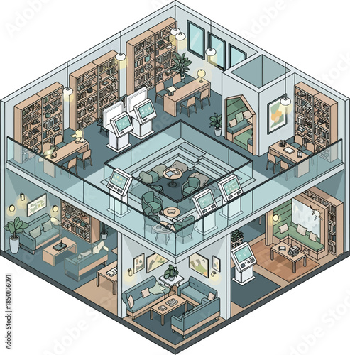 Isometric view of a modern, cozy twostory library or bookstore interior
