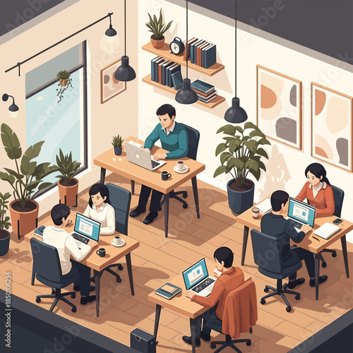 Isometric office scene with people working on laptops