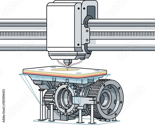 3d printer extruder head building layered object on print bed