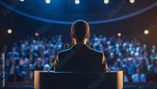 Rear View of African American Woman Speaker Addressing Audience
