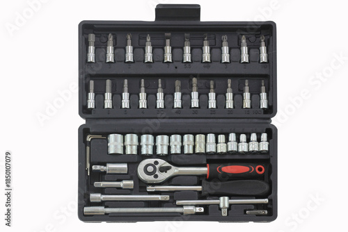 complete ratchet wrench socket set organized in plastic case, professional hand tools for automotive repair, mechanical maintenance, workshop service,  engineering task, isolated on white background 