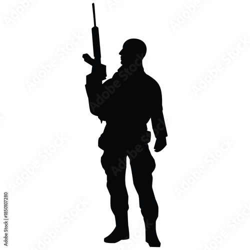Silhouette of Armed Soldier Holding Rifle Upright