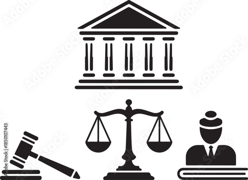 Law and justice symbols with courthouse gavel judge and scales