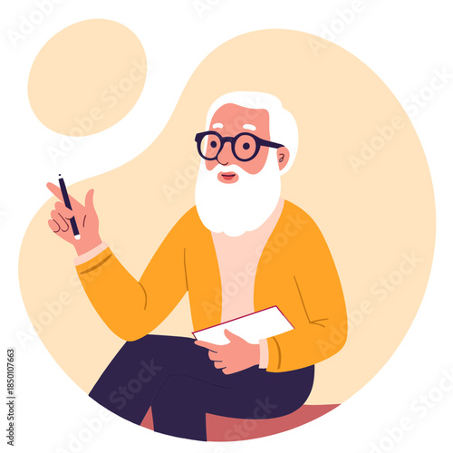 Elderly man attending lecture. Senior artist teaching class. Older man giving presentation. Elderly teacher sharing knowledge. Elderly set