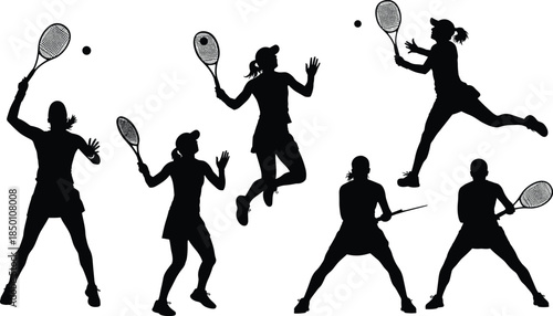 Female tennis player silhouettes set, dynamic action poses, sports motion, athletic women, racket swings, jumping serves, isolated black shapes background